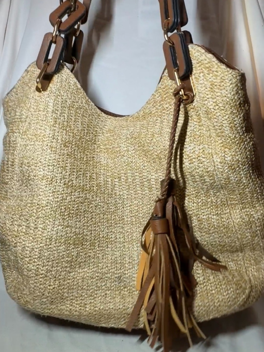 Woven Straw Hobo Bag with Tassel - Natural/Leather